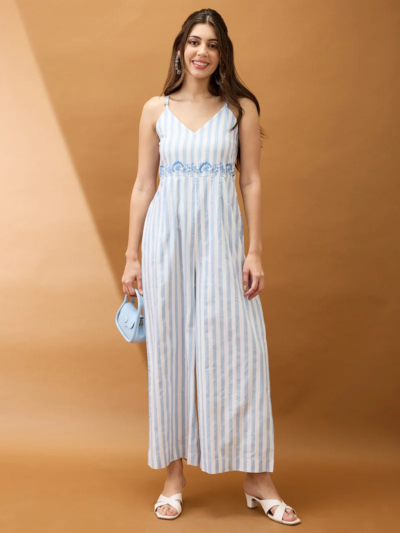 globus Globus Women Blue Striped V-Neck Shoulder Strap Embroidered Detail Wide Leg Fusion Jumpsuit