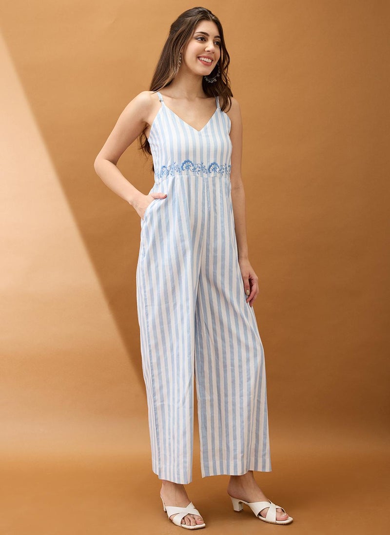 Globus Women's Blue Striped Wide Leg Jumpsuit with V Neck and Embroidery - Image 3