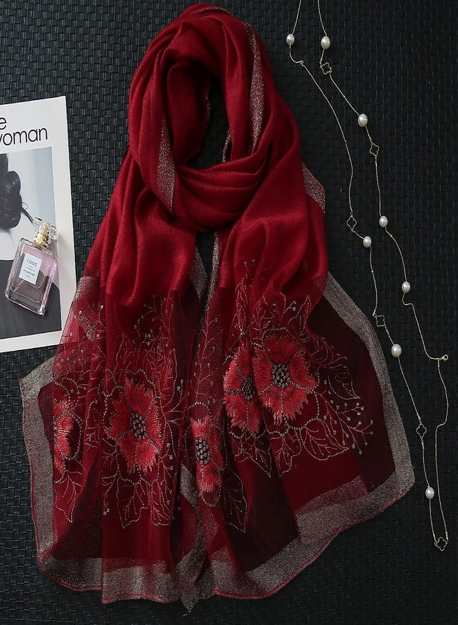 WINCESS.YU وشاح حريري طويل من وينسيس يو للنساء والفتيات، خفيف الوزن، مطرز بنقوش زهور، مناسب لجميع الفصول، لون أحمر خمري، مقاس واحد - Image 3