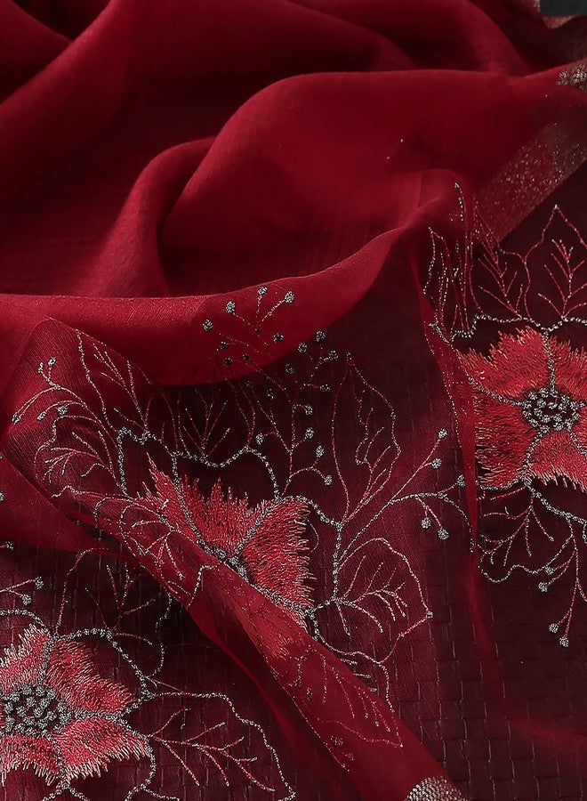 WINCESS.YU وشاح حريري طويل من وينسيس يو للنساء والفتيات، خفيف الوزن، مطرز بنقوش زهور، مناسب لجميع الفصول، لون أحمر خمري، مقاس واحد - Image 5