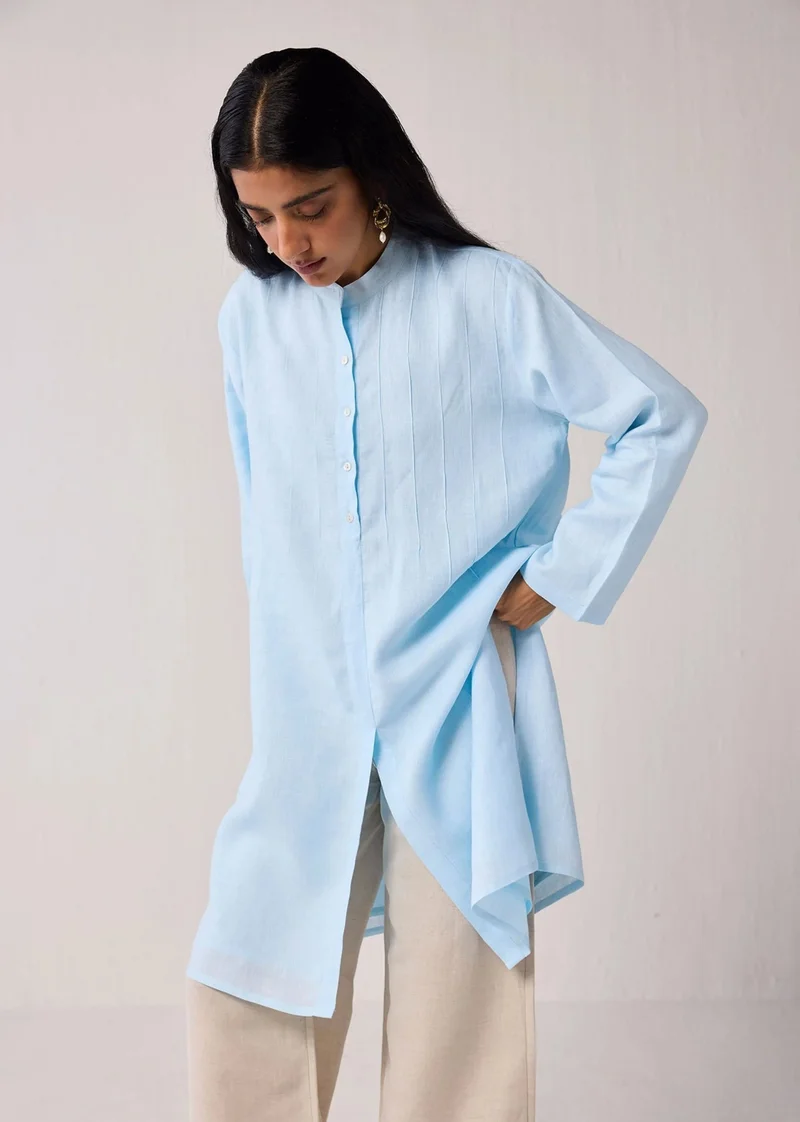 نور Regular Fit Hemp Tunic With Side Slits In Light Blue