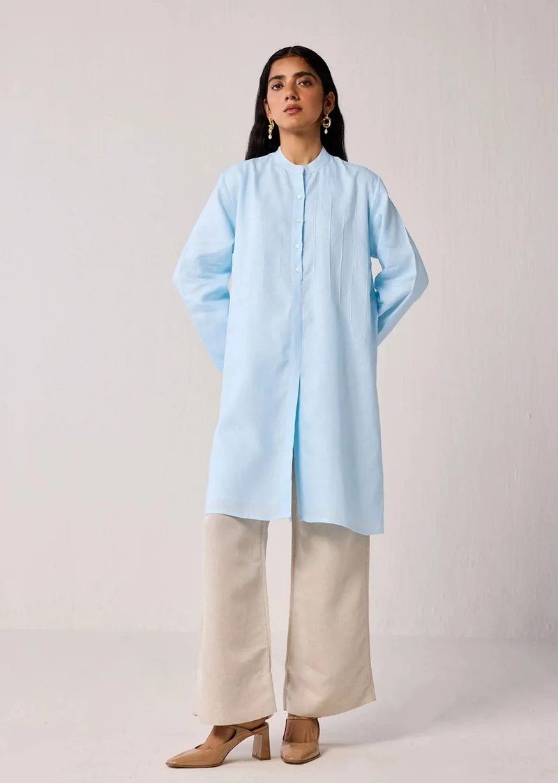 نور Regular Fit Hemp Tunic With Side Slits In Light Blue