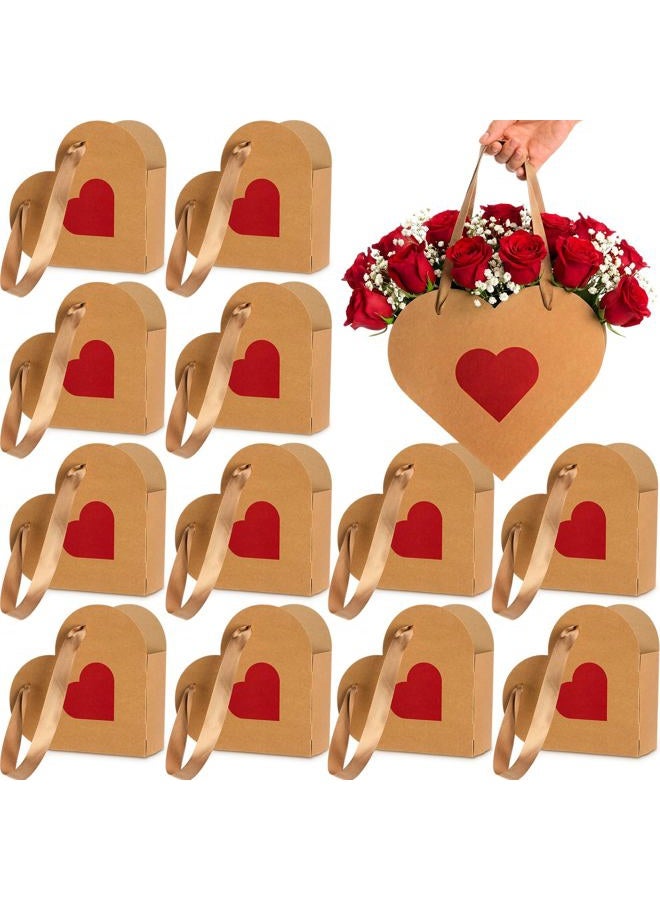 Glenmal 12 Pcs Valentine's Day Heart Shaped Flowers Boxes Kraft Paper Wrap Floral Gift Bag with Handles Bouquet Storage Bucket for Mother's Day, Wedding, Bridal Shower, Engagement Parties - Image 1