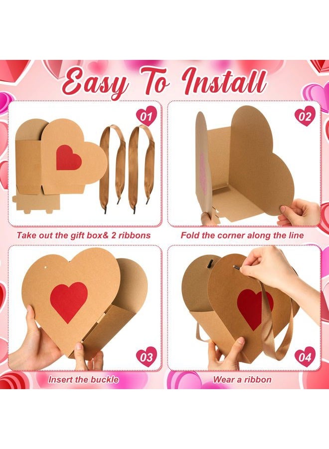 Glenmal 12 Pcs Valentine's Day Heart Shaped Flowers Boxes Kraft Paper Wrap Floral Gift Bag with Handles Bouquet Storage Bucket for Mother's Day, Wedding, Bridal Shower, Engagement Parties - Image 4