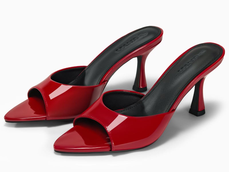 Coutgo Womens Heeled Mules Pointed Peep Toe High Heels Slip On Backless Mule Sandals Dress Shoes, Red, Size 11 - Image 4