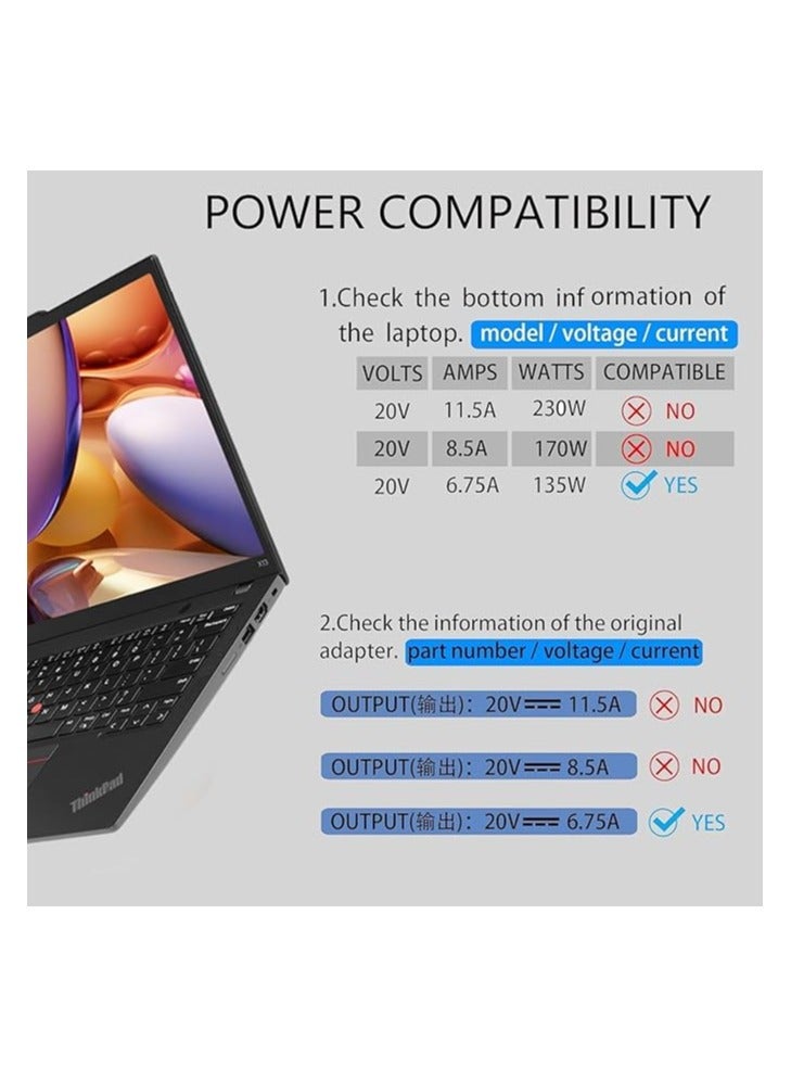 ZEXEN 135W AC Charger for Lenov.o ThinkPad x1 Extreme P1 P15v T15p IdeaPad Gaming 3-15 L340 Y40-70 Y50-70 Y520 Y70-70 Y700 Y700-15ISK 720-15IKB ADL135NLC3A 20V 6.75A Laptop Adapter Power Cord,Replace - Image 5