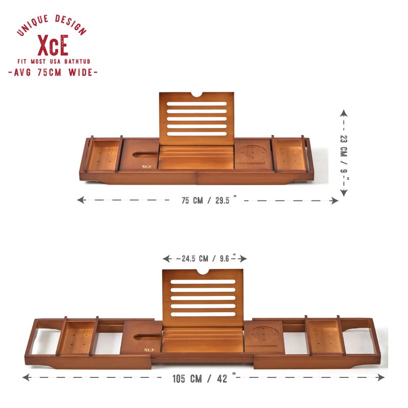 XcE Bathtub Caddy Tray Expandable to 105cm with Bamboo Book Stand and Soap Tray, Brown - Image 4