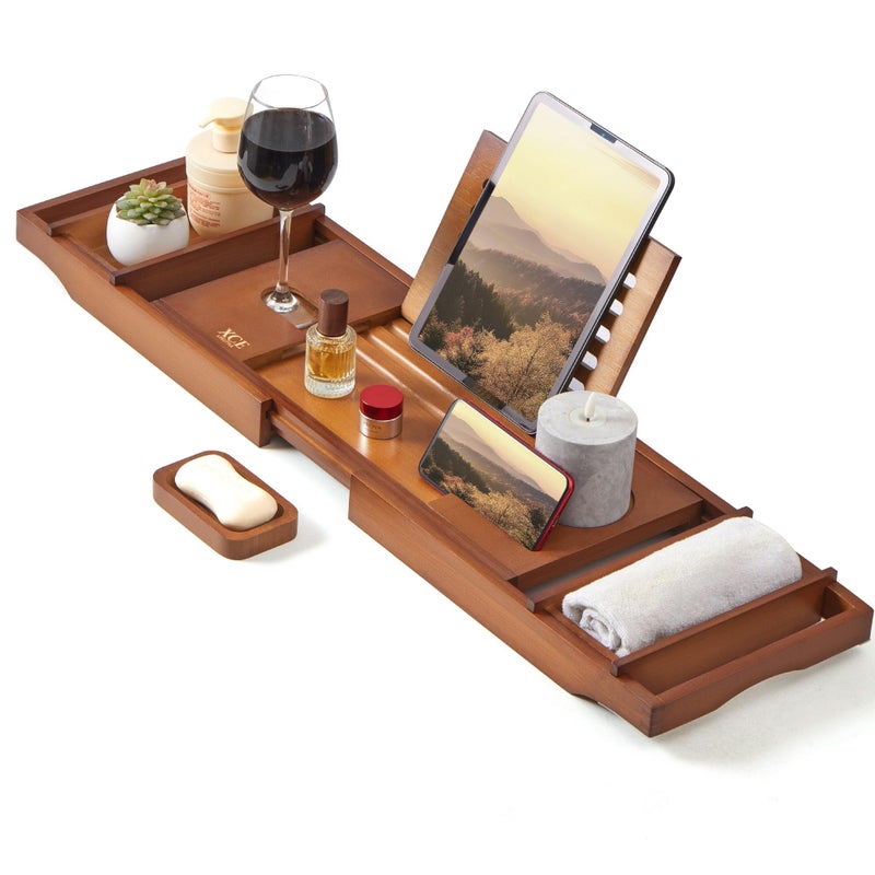 XcE Bathtub Caddy Tray Expandable to 105cm with Bamboo Book Stand and Soap Tray, Brown - Image 2