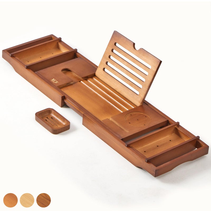 XcE Bathtub Caddy Tray Expandable to 105cm with Bamboo Book Stand and Soap Tray, Brown - Image 1