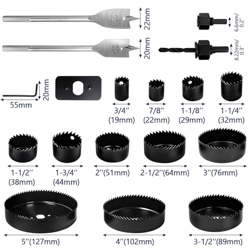 Doaho 18Pcs Hole Saw Kit,Wood Hole Saw Set with 3/4in-5in Hole Saws,Mandrels,Drill Bits,Installation Plate,Hex Wrench,Flat Saw,Storage Case for Wood,Plywood,PVC,Drywall,Plastic - Image 2