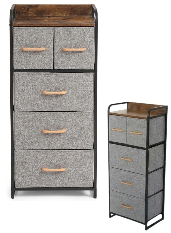4-Tier Clothes, toy and Items Organizer with 5 Fabric Drawers (2 Small + 3 Large), Versatile Storage Organizer with Wooden Top and Handles for Bedroom and Office - Sturdy Steel Frame and Durable Wooden Top - Space-Saving Design (102.5 x 30 x 43 cm) - Gray and Black - Image 1