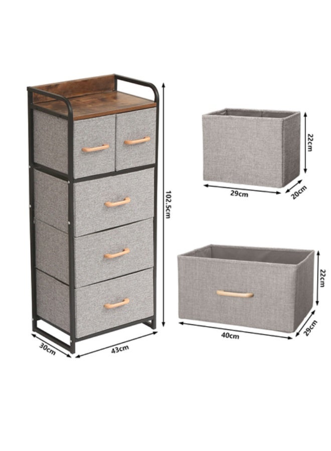 4-Tier Clothes, toy and Items Organizer with 5 Fabric Drawers (2 Small + 3 Large), Versatile Storage Organizer with Wooden Top and Handles for Bedroom and Office - Sturdy Steel Frame and Durable Wooden Top - Space-Saving Design (102.5 x 30 x 43 cm) - Gray and Black - Image 2
