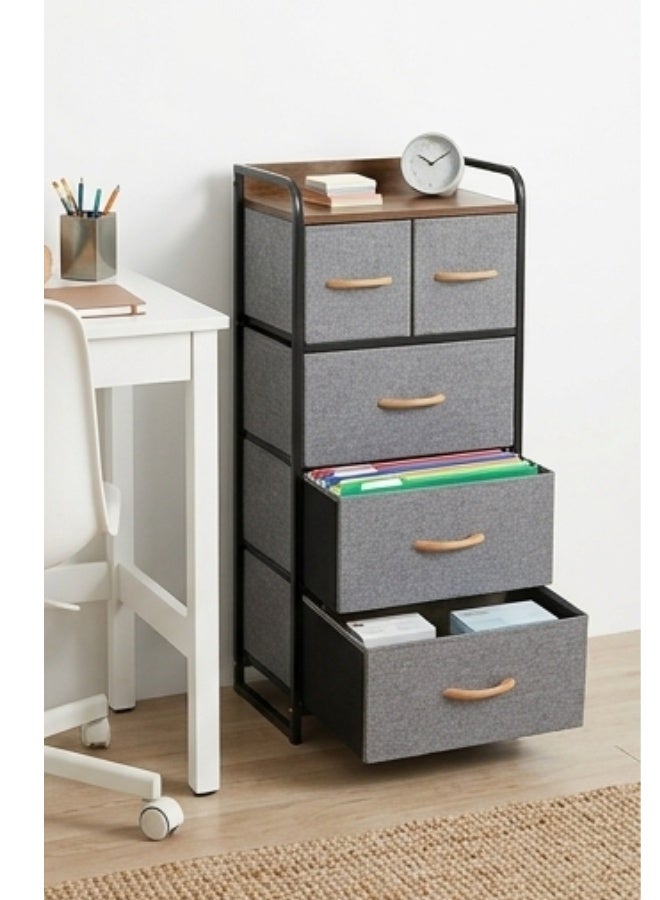 4-Tier Clothes, toy and Items Organizer with 5 Fabric Drawers (2 Small + 3 Large), Versatile Storage Organizer with Wooden Top and Handles for Bedroom and Office - Sturdy Steel Frame and Durable Wooden Top - Space-Saving Design (102.5 x 30 x 43 cm) - Gray and Black - Image 3