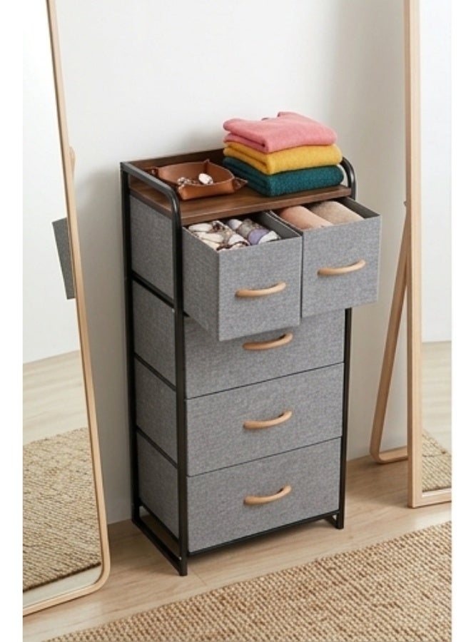 4-Tier Clothes, toy and Items Organizer with 5 Fabric Drawers (2 Small + 3 Large), Versatile Storage Organizer with Wooden Top and Handles for Bedroom and Office - Sturdy Steel Frame and Durable Wooden Top - Space-Saving Design (102.5 x 30 x 43 cm) - Gray and Black - Image 4