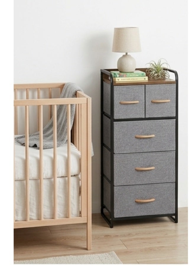 4-Tier Clothes, toy and Items Organizer with 5 Fabric Drawers (2 Small + 3 Large), Versatile Storage Organizer with Wooden Top and Handles for Bedroom and Office - Sturdy Steel Frame and Durable Wooden Top - Space-Saving Design (102.5 x 30 x 43 cm) - Gray and Black - Image 5
