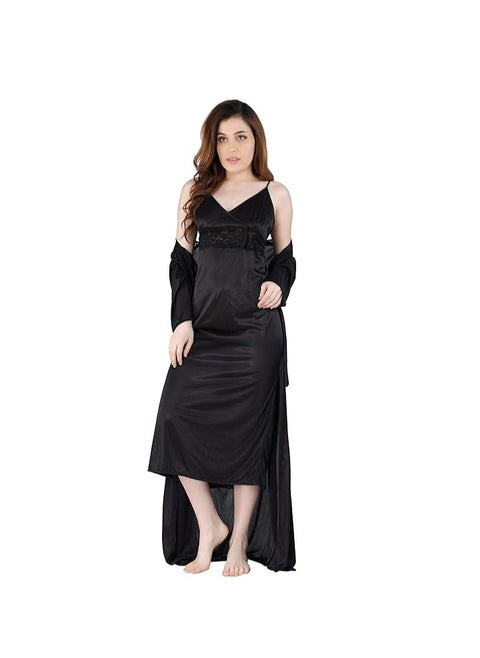 Women's Satin Solid Maxi (Size - Free Size) (Nightwear Set Pack of 2)
