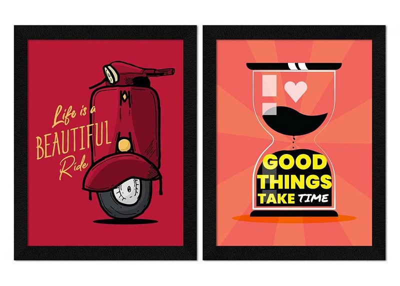 ArtX ArtX Paper Motivational Quotes Life is a Beautiful Ride Good Things Takes Time Framed Wall Art Painting Multicolor Abstract 10 X 13 inches each 20 X 13 inches combined Set of 2