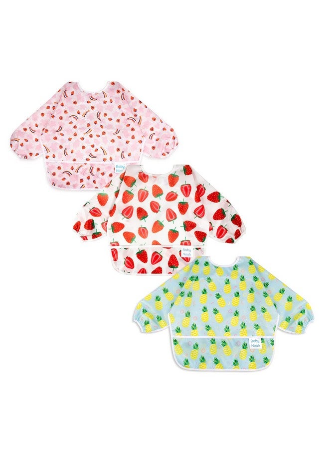 Baby Noah 3 Pcs Waterproof Baby Bibs | Long Sleeves Weaning Smock Bib With Food Catcher Pocket For Toddler Eating | Baby Led Weaning | Full Cover Wearable Sleeved Bibs Shirt Bib Set | 624 Months  - Image 1