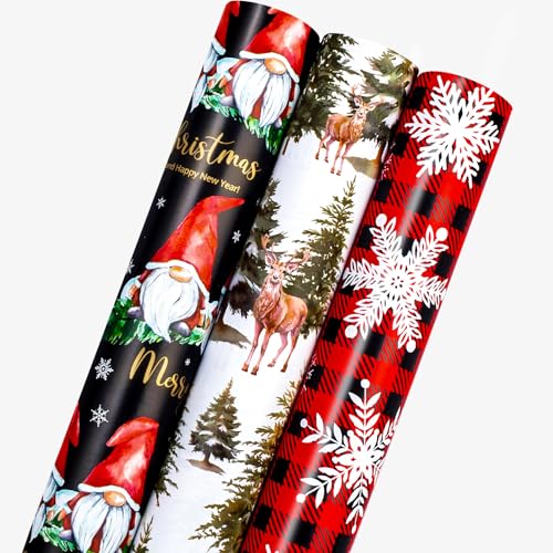 MAYPLUSS Festive Christmas Wrapping Paper 17Inch x 10Feet Per Roll Fairy Forest Deer Gnome Holiday Christmas Snowflake Thick Rolled Gift Wrap for Winter Holiday Party and Celebrations - Image 1