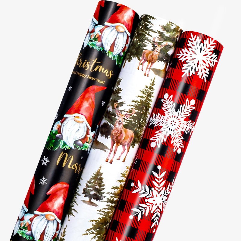MAYPLUSS Festive Christmas Wrapping Paper 17Inch x 10Feet Per Roll Fairy Forest Deer Gnome Holiday Christmas Snowflake Thick Rolled Gift Wrap for Winter Holiday Party and Celebrations - Image 2