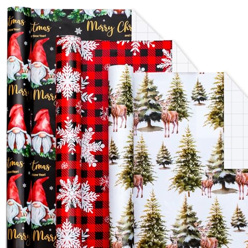 MAYPLUSS Festive Christmas Wrapping Paper 17Inch x 10Feet Per Roll Fairy Forest Deer Gnome Holiday Christmas Snowflake Thick Rolled Gift Wrap for Winter Holiday Party and Celebrations - Image 3