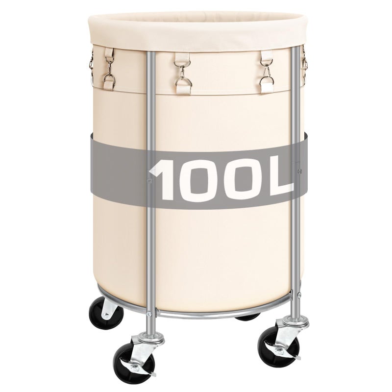 Laundry Hamper with Wheels 100L Round Rolling Laundry Basket Sorter with Removable Bag Clothes Cart Organizer with Steel Frame for Bedroom Bathroom Laundry Room Beige