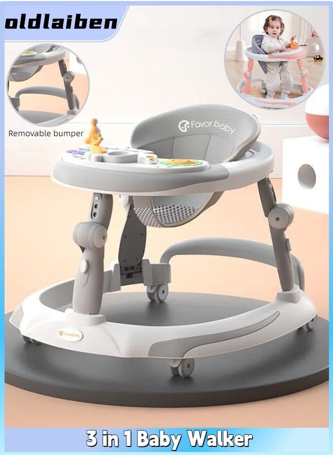 oldlaiben 3 in 1 Baby Walker, Multi-Function Baby Walker, Foldable Baby Walker, Adjustable Height, With Detachable Music Tray, Safety Bumper, Learning-Seated or Walk-Behind, for 6-18 Months Boys and Girls（Grey）  - Image 1