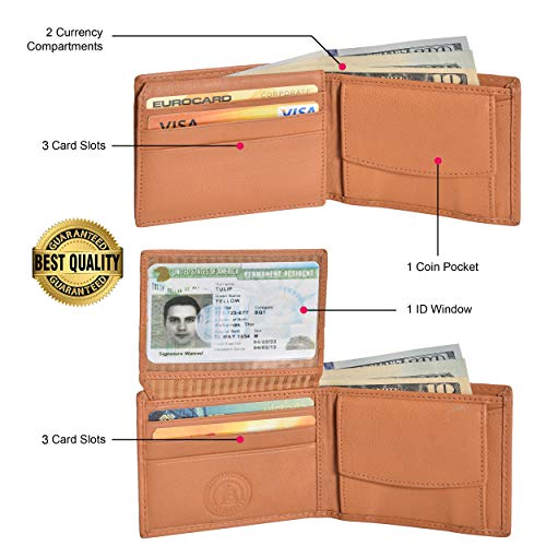 LB LEATHERBOSS Leatherboss Genuine Leather Cool Boy Slim Bifold Wallet with Coin Pocket, Tan - Image 2