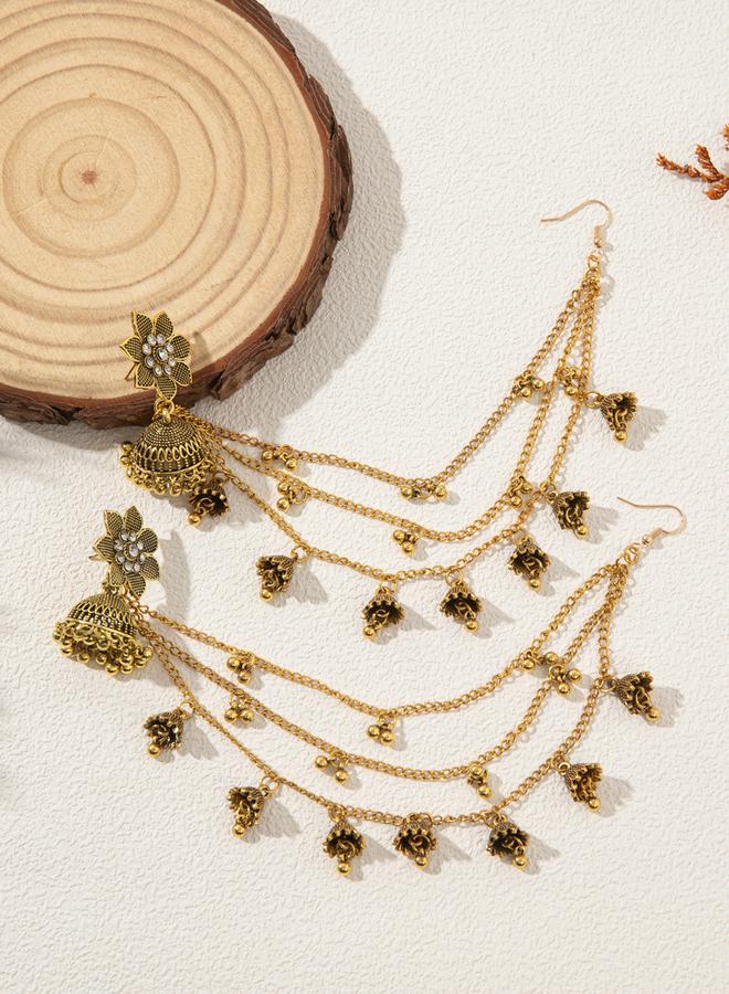 Take Two Flower Bell Shape Jhumka Link Earrings with Chain - Image 1