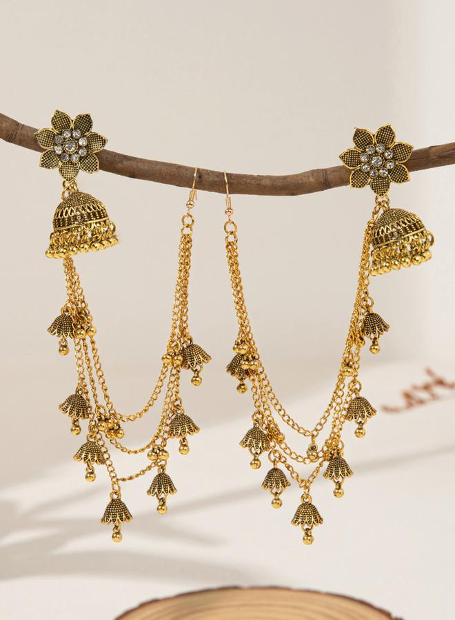 Take Two Flower Bell Shape Jhumka Link Earrings with Chain - Image 3