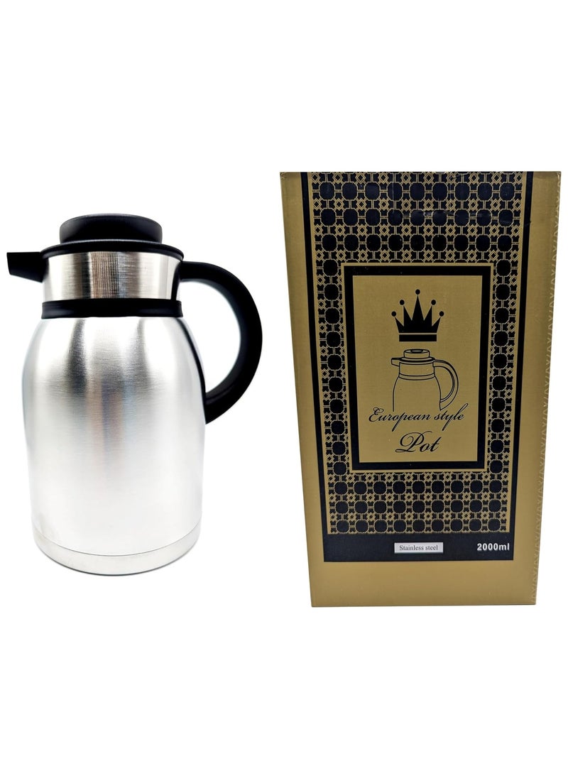 European-Style Stainless Steel Flask 2000 ml: Double-Walled Insulation, Keeps Drinks Hot or Cold for Hours, Leak-Proof, Durable, Sleek Design, Ideal for Travel and Outdoor Activities