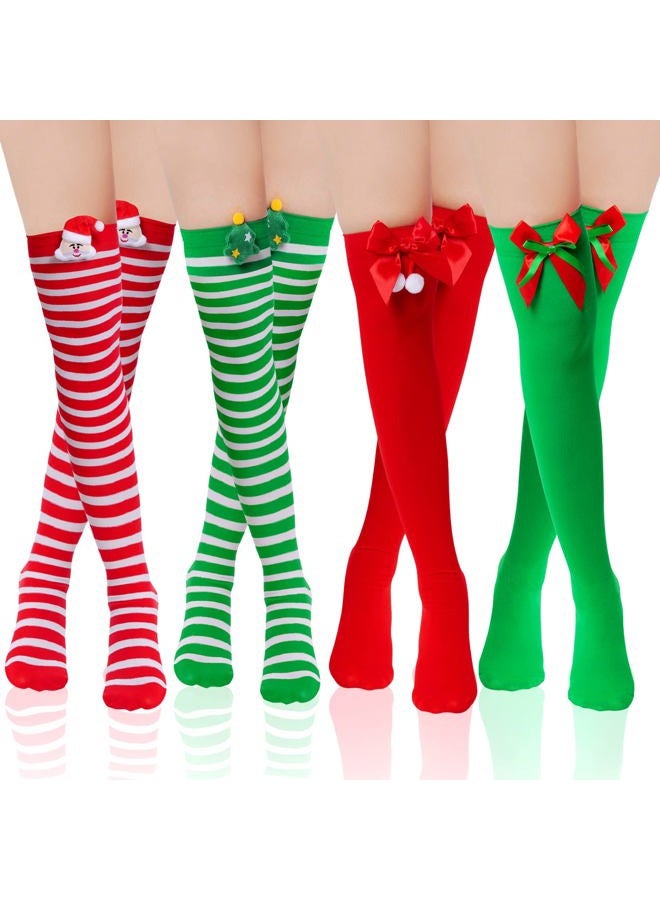 Sucrain 4 Pairs Christmas Thigh High Socks Women Over Knee Striped Stockings Elasticity Lady Long Sock with Bow Santa Claus Christmas Tree, Green,red, 00 - Image 1