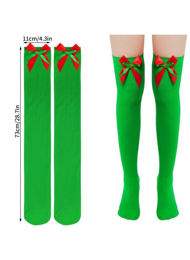 Sucrain 4 Pairs Christmas Thigh High Socks Women Over Knee Striped Stockings Elasticity Lady Long Sock with Bow Santa Claus Christmas Tree, Green,red, 00 - Image 3