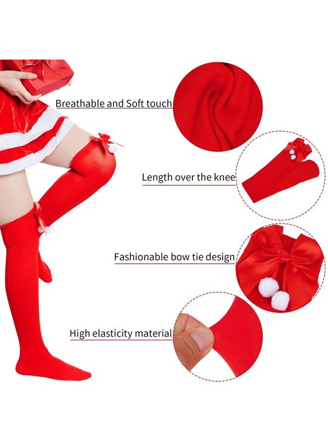 Sucrain 4 Pairs Christmas Thigh High Socks Women Over Knee Striped Stockings Elasticity Lady Long Sock with Bow Santa Claus Christmas Tree, Green,red, 00 - Image 4