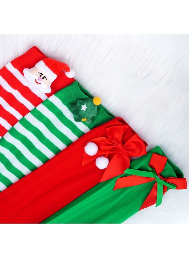 Sucrain 4 Pairs Christmas Thigh High Socks Women Over Knee Striped Stockings Elasticity Lady Long Sock with Bow Santa Claus Christmas Tree, Green,red, 00 - Image 5