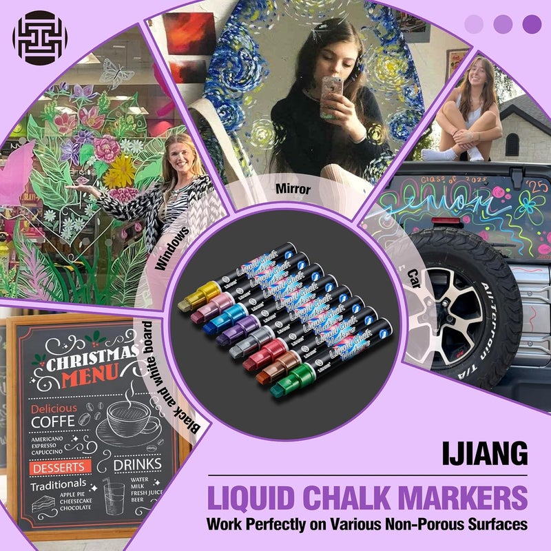 IJIANG Jumbo Chalk Markers Metallic For Cars Glass Washable, Liquid Chalk Marker Pen Dry & Wet-Erase 10mm 3 IN 1 Wide Tips, Chalk Pens for Windows, Auto, Bistro Blackboards, Restaurant Chalkboard, Whiteboard - Image 3