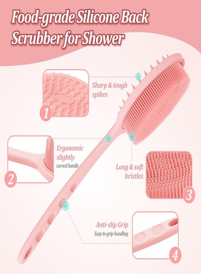 GEENOA Silicone Back & Body Scrubber Set 2PCS, 13.4'' Gentle Exfoliating Back Scrubber with Dual-Side Head and Non-Slip Handle, Hygienic Silicone Loofah with Soft Bristles and Massage Dots(Pink-2PC) - Image 3