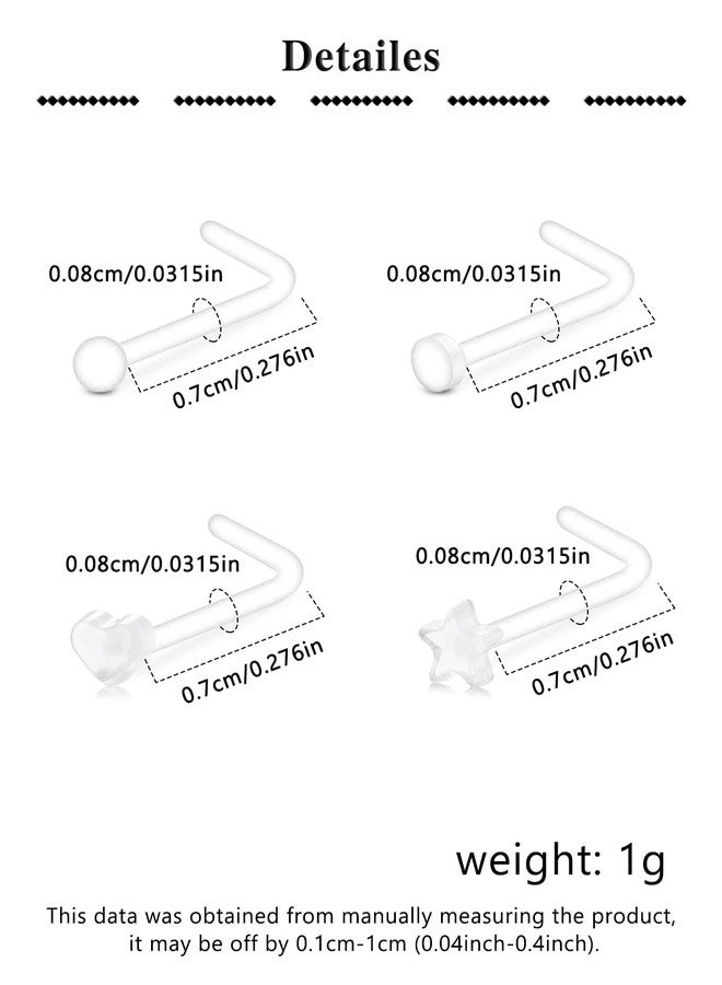 MODRSA 20g Clear Nose Studs Clear Nose Rings for Work Plastic Piercing Retainers for Surgery Sport School Small Tiny Bioflex Invisible Nostril Piercing Spacers Retainer L Shaped Star Heart 20 gauge - Image 2
