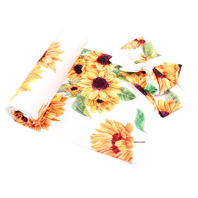 Galabloomer Newborn Sunflower Receiving Blanket Headband Set Baby Flower Rose Swaddle with Big Bow - Image 5