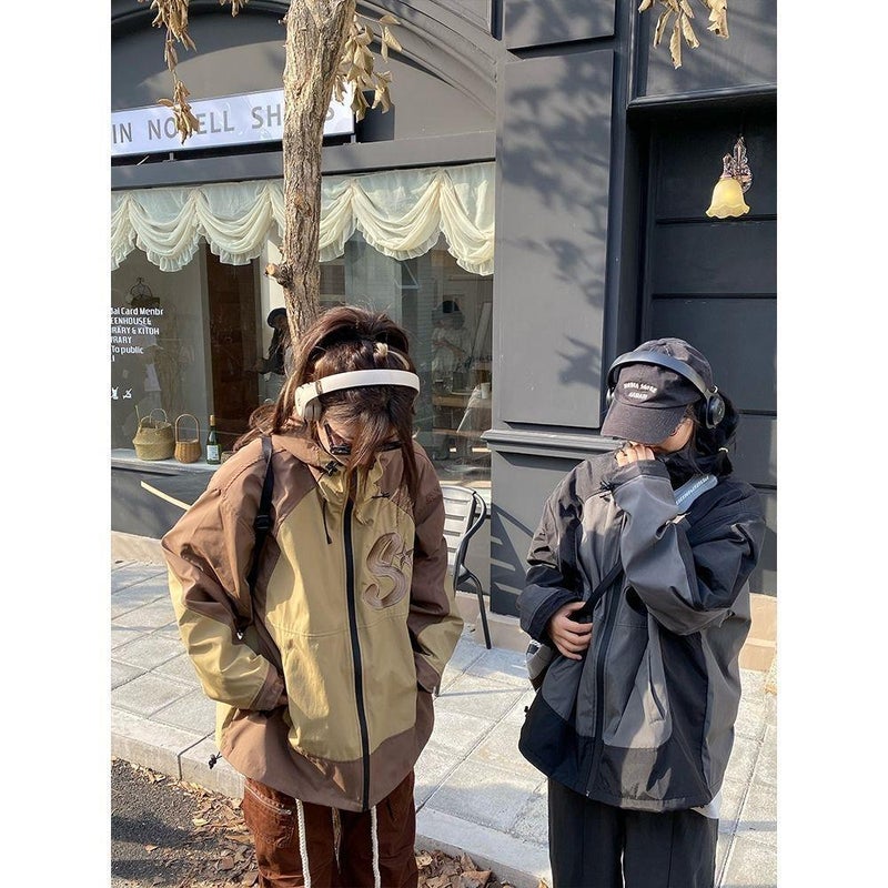 Autumn Hooded Jacket Casual Unisex Couple Windbreaker Coffee  - Image 4