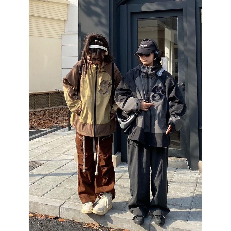 Autumn Hooded Jacket Casual Unisex Couple Windbreaker Coffee  - Image 3