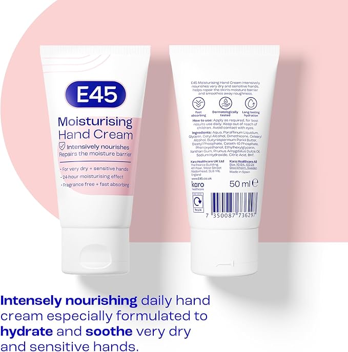 E45 Daily Hand Cream 50 ml E45 Hand Cream for Very Dry Hands Hand Moisturiser for Dry Skin and Sensitive Skin NonGreasy Hand Repair Cream for Soft and Supple Hands Fast Absorption Formula - Image 2