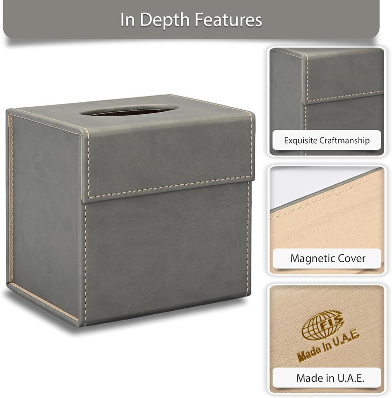 FIS Grey Tissue Box Holder - Italian PU Material with Magnetic Flap Closure - Image 3