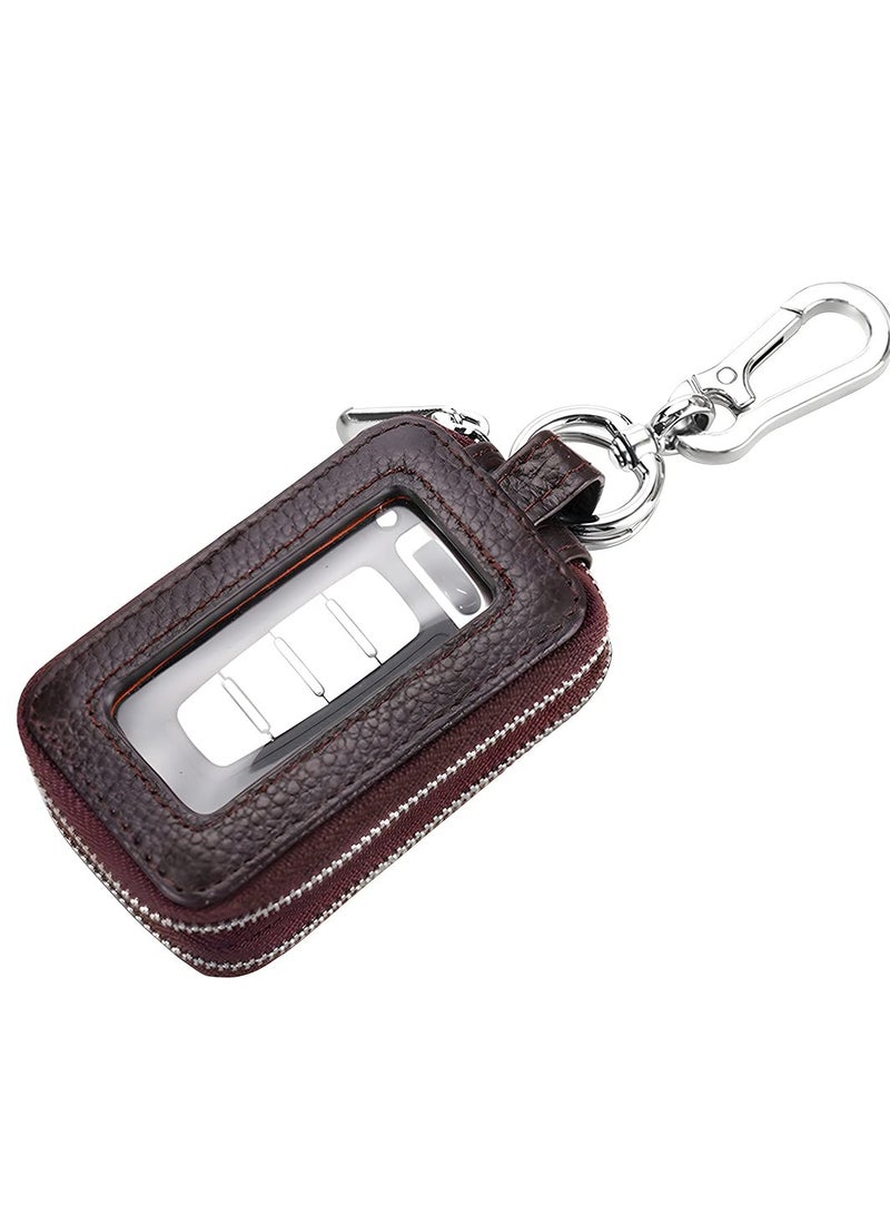 SYOSI Car Key Fob Case, Genuine Leather Car Smart Key with Lanyard and Zipper Closure, Key Protection Cover for Men Women Fob Holder for Remote Key Fob(Coffee) - Image 1