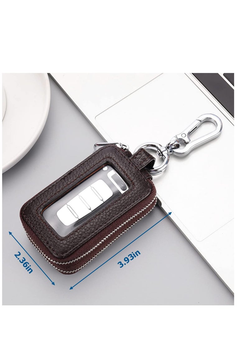 SYOSI Car Key Fob Case, Genuine Leather Car Smart Key with Lanyard and Zipper Closure, Key Protection Cover for Men Women Fob Holder for Remote Key Fob(Coffee) - Image 2