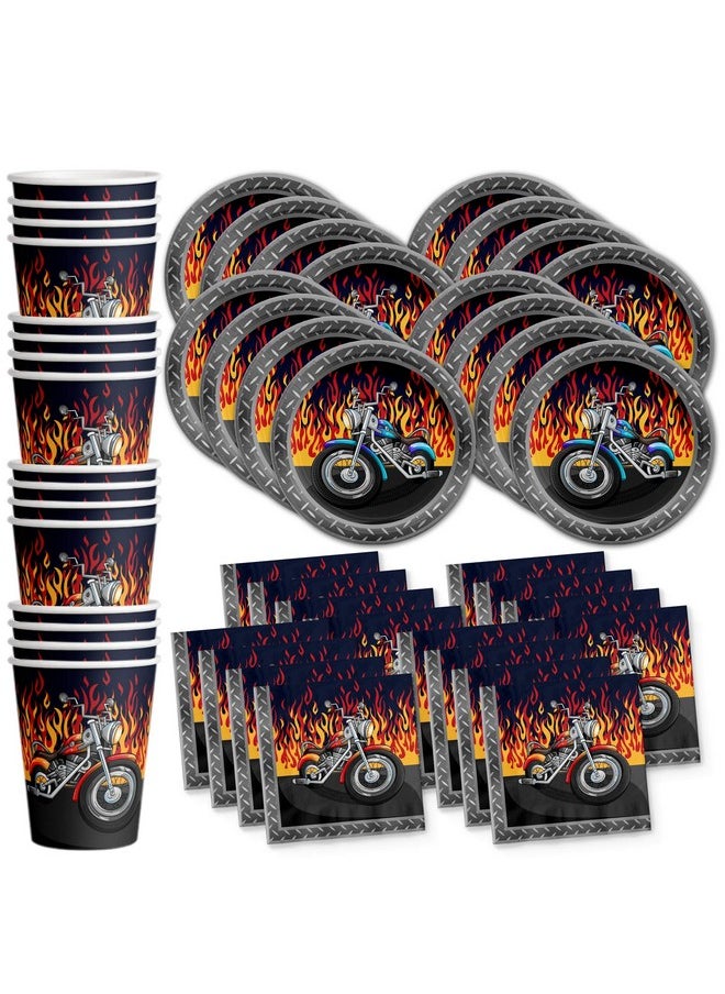 Birthday Galore Motorcycle Biker Birthday Party Supplies Set Plates Napkins Cups Tableware Kit for 16  - Image 1