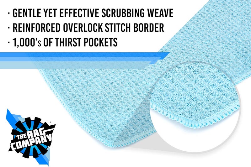 THE RAG COMPANY The Rag Company - Standard Waffle Weave Towels, Microfiber Detailing, Window/Glass and Drying, Wax & Polish, Lint-Free, Streak-Free, 370gsm, 16in x 16in, Light Blue (3-Pack) - Image 2