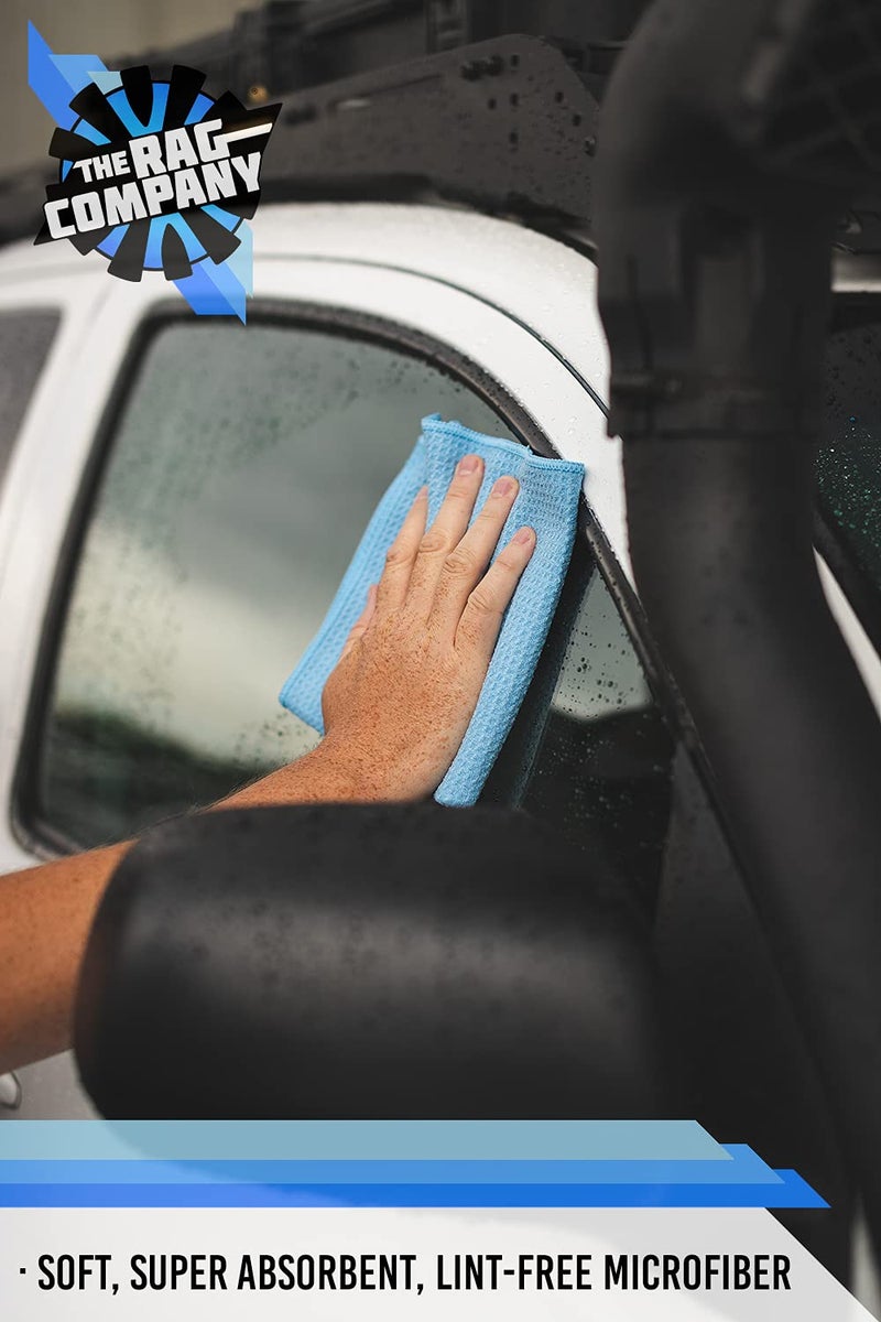 THE RAG COMPANY The Rag Company - Standard Waffle Weave Towels, Microfiber Detailing, Window/Glass and Drying, Wax & Polish, Lint-Free, Streak-Free, 370gsm, 16in x 16in, Light Blue (3-Pack) - Image 3