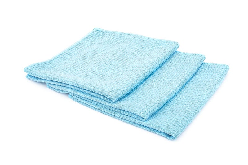 THE RAG COMPANY The Rag Company - Standard Waffle Weave Towels, Microfiber Detailing, Window/Glass and Drying, Wax & Polish, Lint-Free, Streak-Free, 370gsm, 16in x 16in, Light Blue (3-Pack) - Image 1