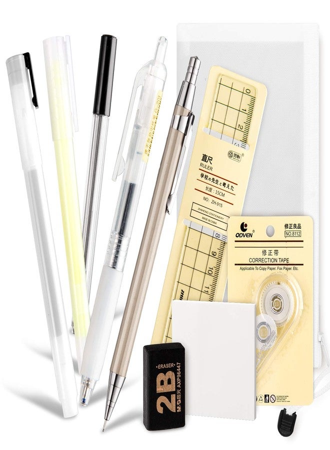 Whaline 10Pcs Japanese Style Pen Set Gel Ballpoint Pen Bag Mechanical Pencil Pencil Lead Correction Tape Sticky Note Rubber Ruler Highlighter Pen for Student Back to School Supplies Office Stationary - Image 1